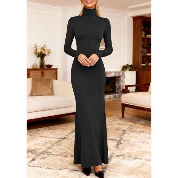 Women's Knit Maxi Dress Long Sleeve Turtleneck Stretchy Fall Wedding Party - Picture 4 of 9